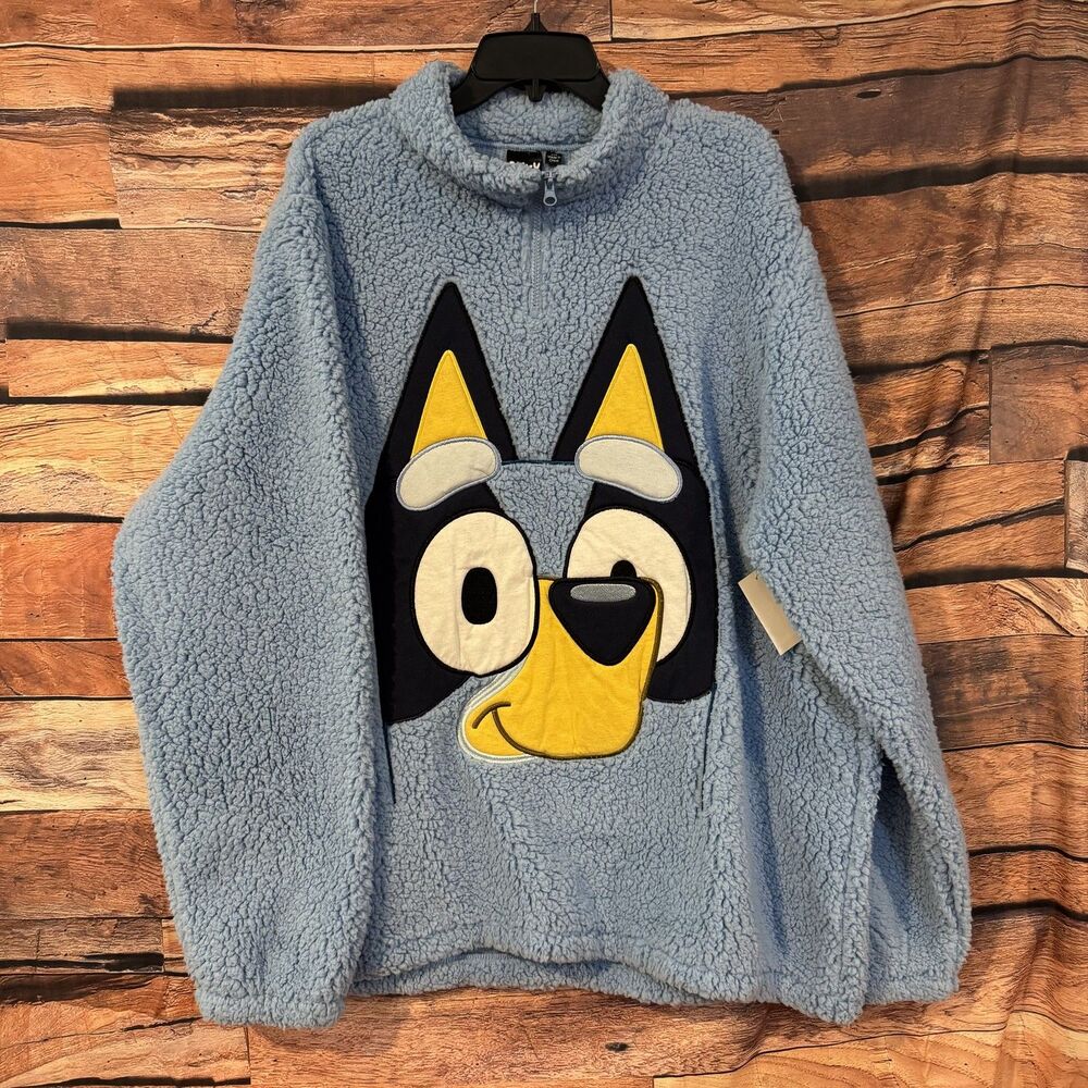 BLUEY Men's 2XL Blue Sherpa Quarter Zip Pullover Sweatshirt Ludo Studio